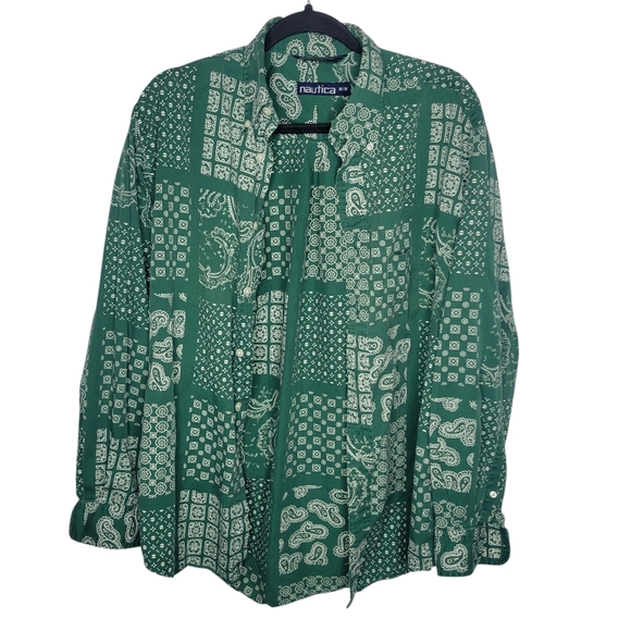 Vintage 90s Nautica Paisley Bandana Button Down Shirt Size Medium in Green White - Picture 1 of 4